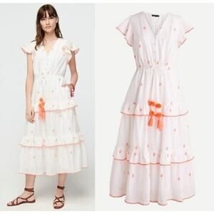 J. Crew Pom-Pom Midi Dress in White Orange Cotton Voile Tiered Size 10P Resort